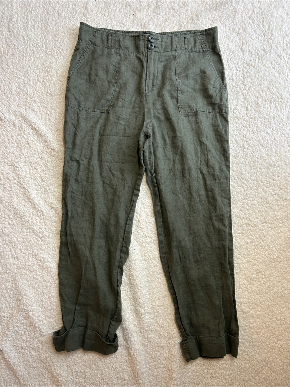 Tahari Olive Green Straight-Leg 100% Linen Pants